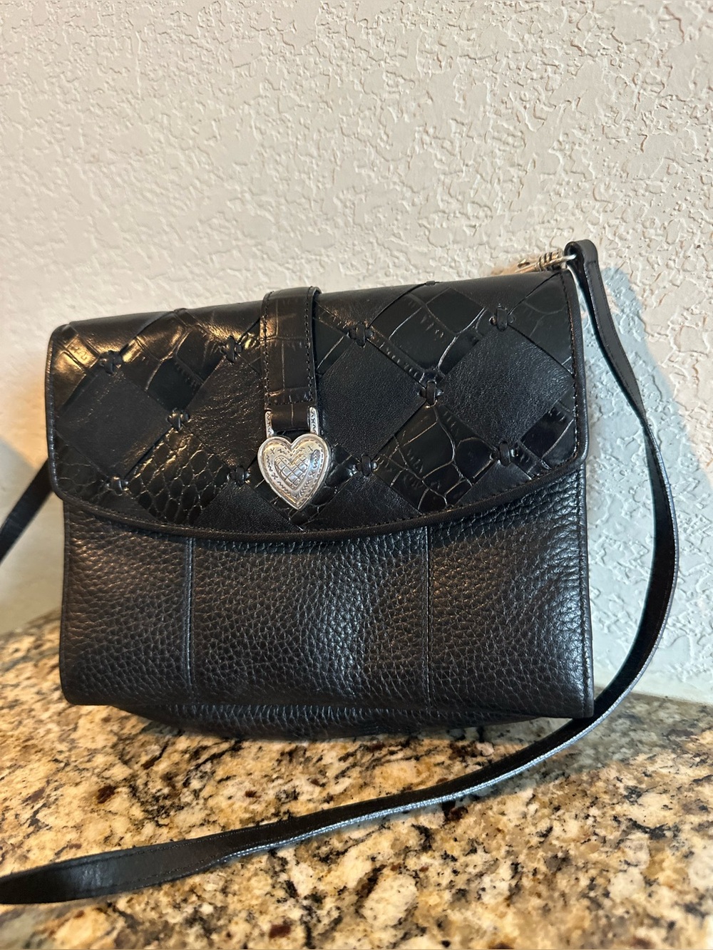 Brighton Black Quilted & Pebbled Leather Crossbody with Heart Charm